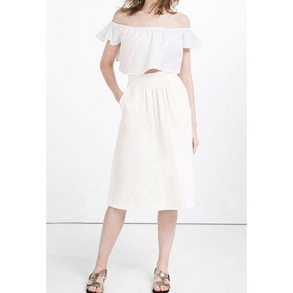 Zara Dresses & Skirts - Zara Midi Skirt White High-Waist Waisted Rise A-Line Circle Mid-Length Career S
